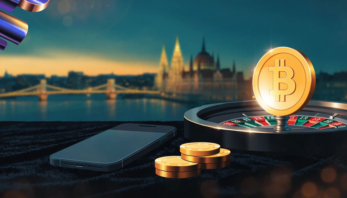 Kripto kaszinó illusztráció Budapest éjszakai látképével, Bitcoinnal és zsetonokkal